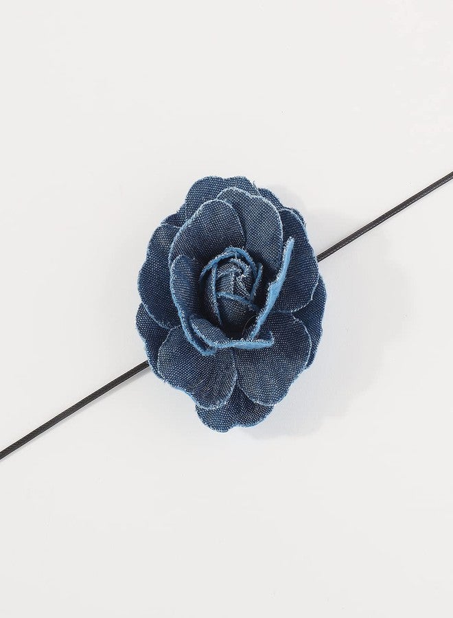 Rannyrena French Denim Flower Choker Necklace Black Leather Rope Long Wrap Tie Necklace Layered Bow-knot Collar Necklace Elegant Party Accessories for Women - Image 4